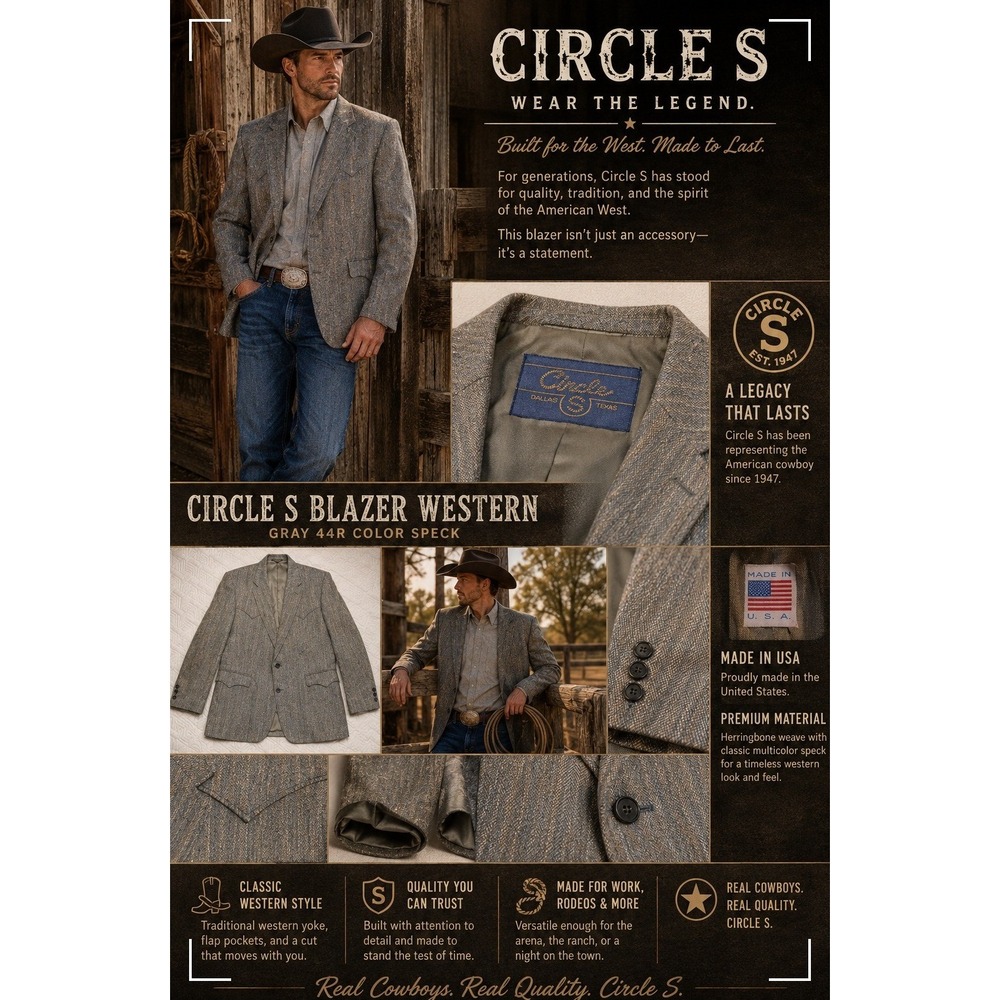 Circle S Western Blazer Mens 44R Gray Speck Herringbone USA Sport Coat Excellent